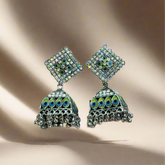 Silver Oxidised Peacock Square Jhumka
